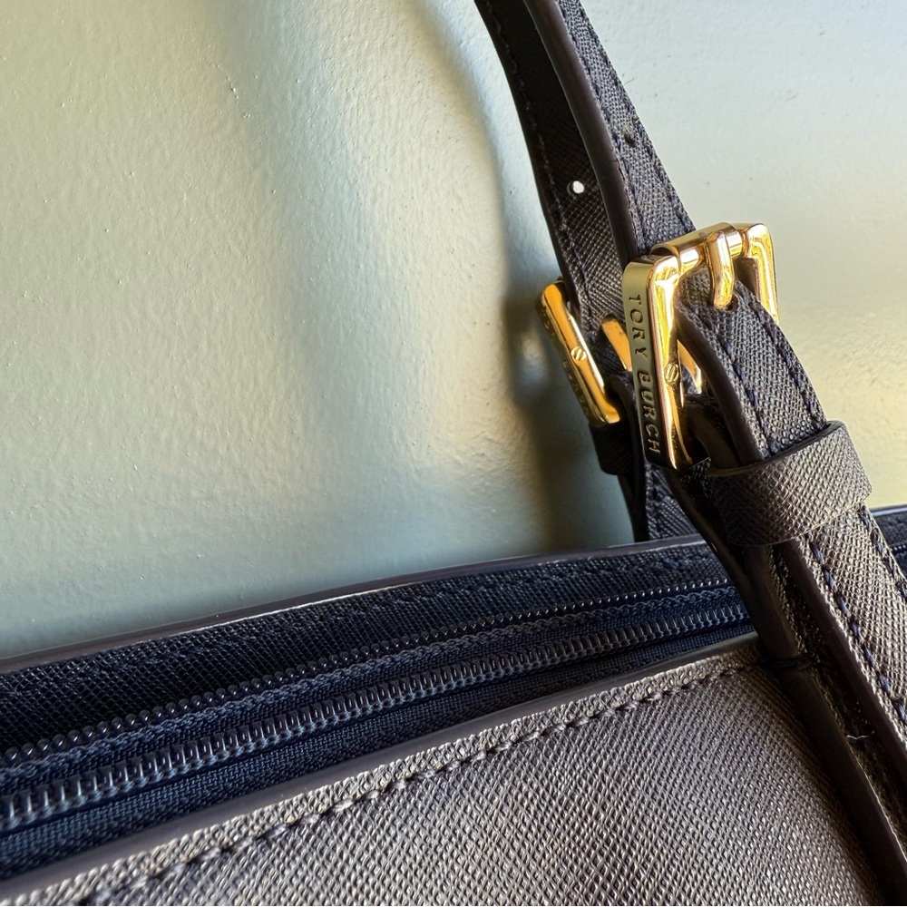 Tory Burch Womens Dark Blue Saffiano Leather Inner Pocket Double Handle Tote Bag - Picture 3 of 11